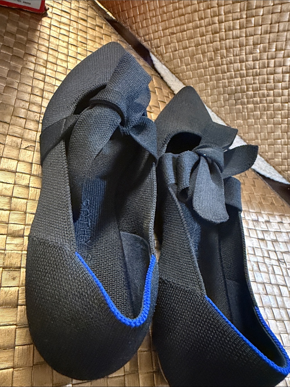 Rothy's Black Knit Bow Ballet Flats with Blue Trim
